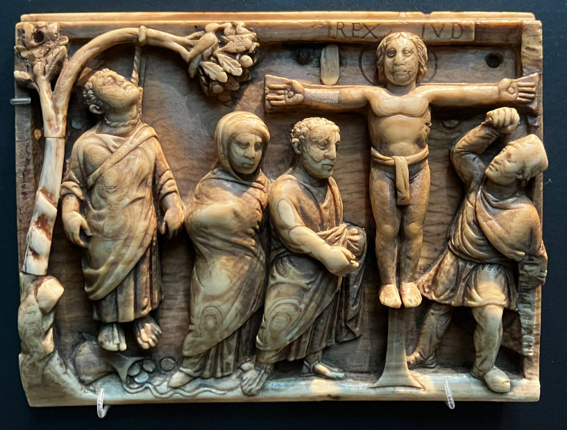 The crucifixion depicted ca. 430s on an ivory box from Rome, featuring scenes from the life of Christ. British Museum. (Author’s Photo).