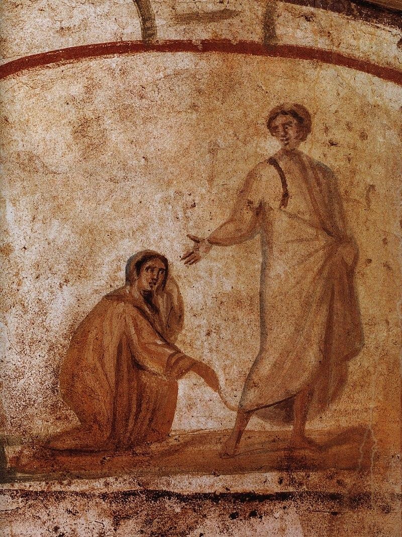 Jesus healing. Mural from the catacombs of Marcellinus and Peter, and a sarcophagus from the catacombs now in the Vatican Museum.