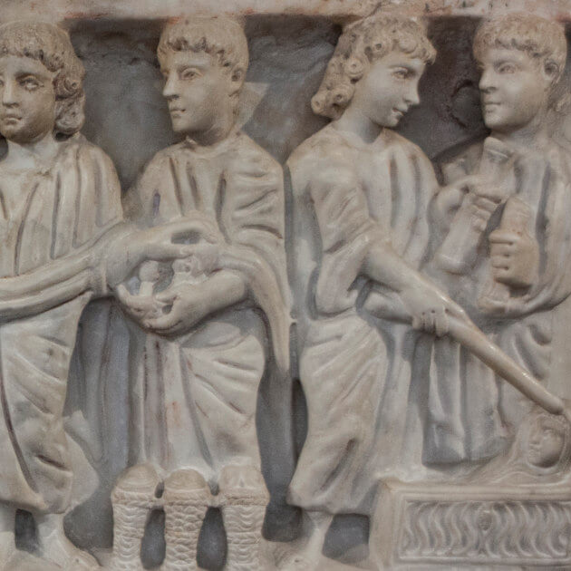Jesus healing. Mural from the catacombs of Marcellinus and Peter, and a sarcophagus from the catacombs now in the Vatican Museum.